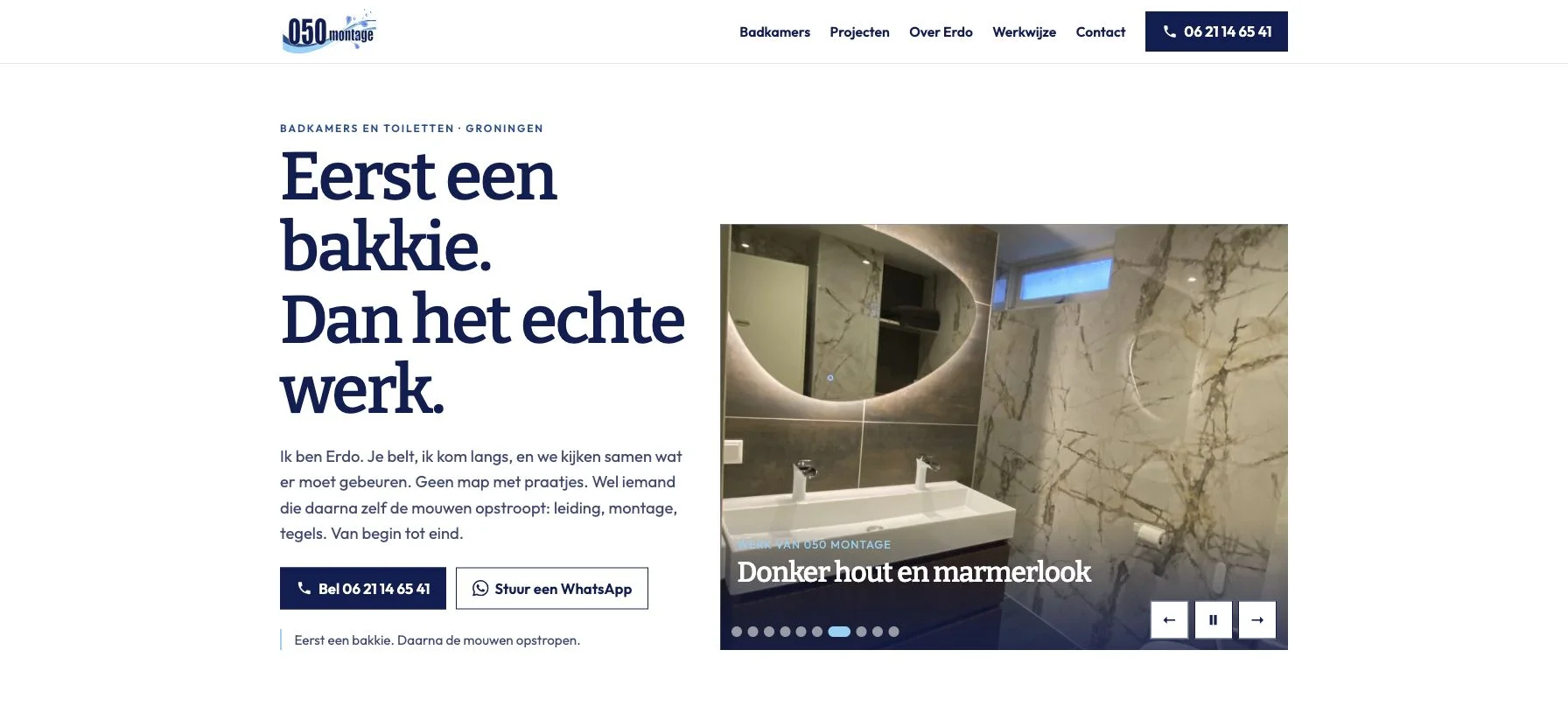 Homepage van 050 Montage met de persoonlijke introductie van Erdo en een gerealiseerde badkamer