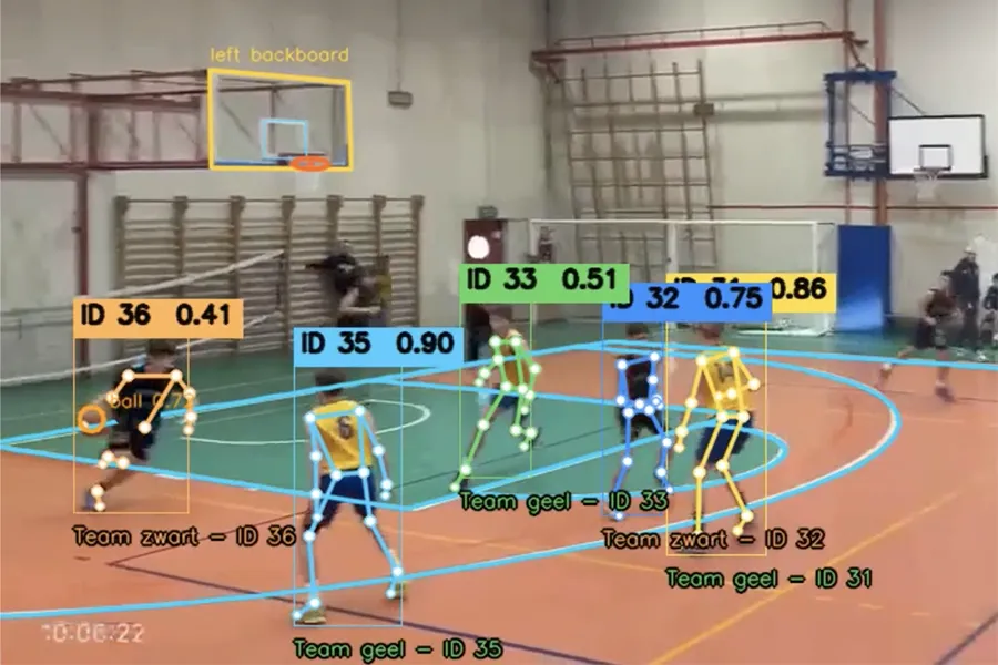 Automatische BattlesTracker-analyse met speelveldoverlay, spelers, poses, teams, rugnummers, bal en backboard