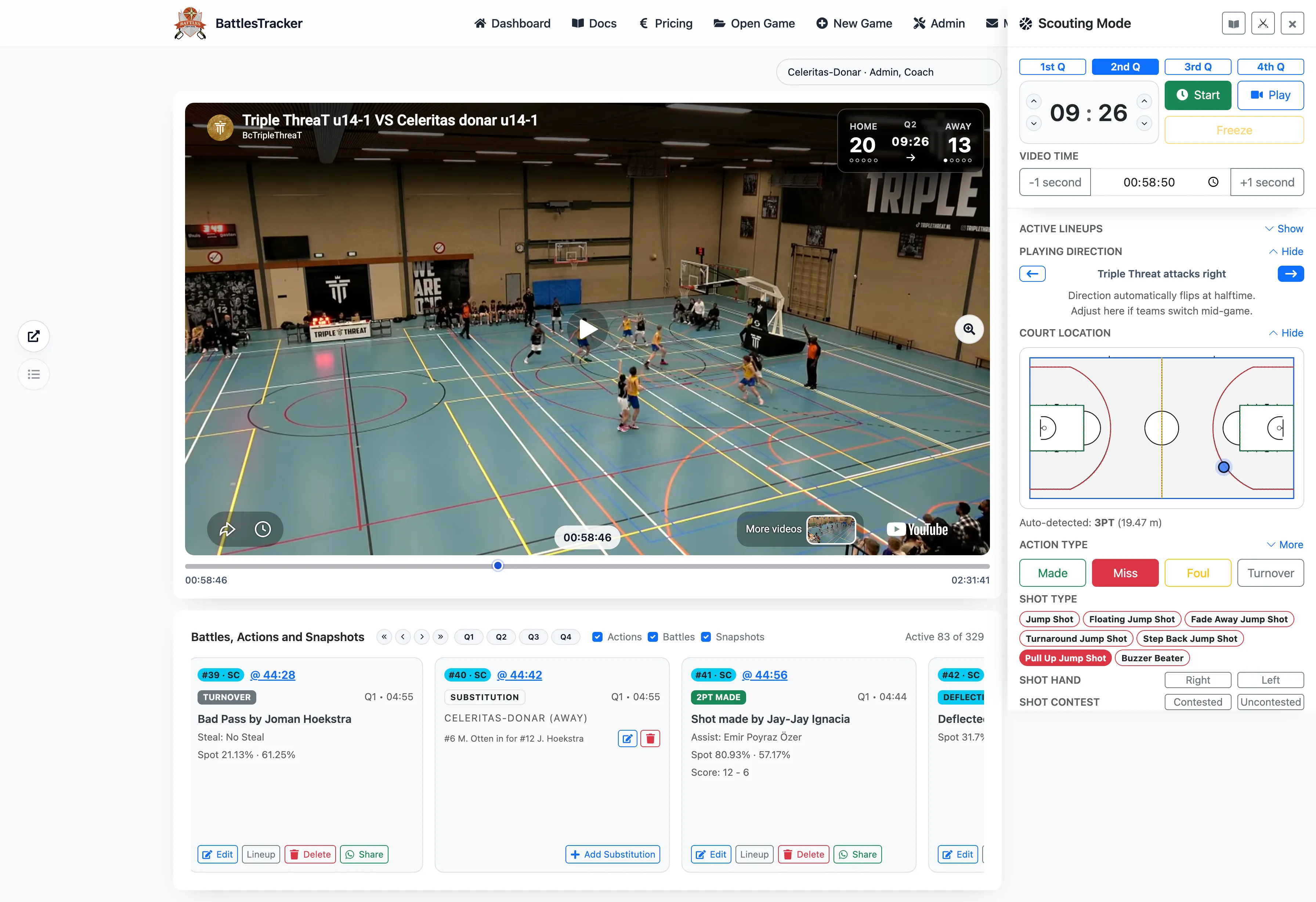 BattlesTracker scouting mode met wedstrijdvideo, klok, score, veldpositie en actiekaarten