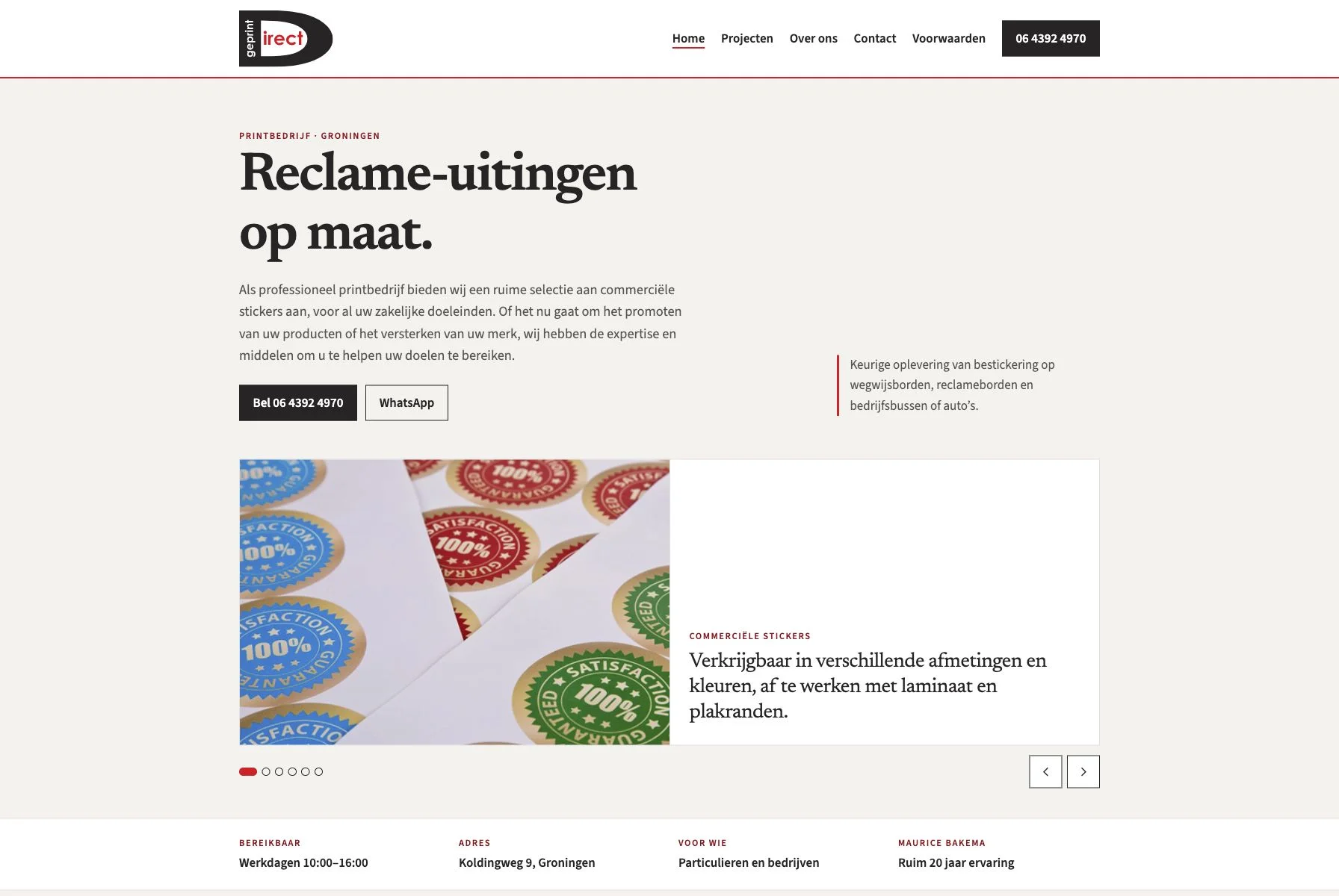 Homepage van Direct Geprint met reclame-uitingen, contactmogelijkheden en commerciële stickers