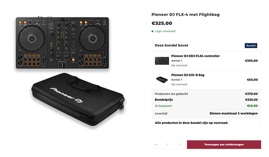 DJ Supply-bundeldetail met onderdelen, voorraad en bundelprijs