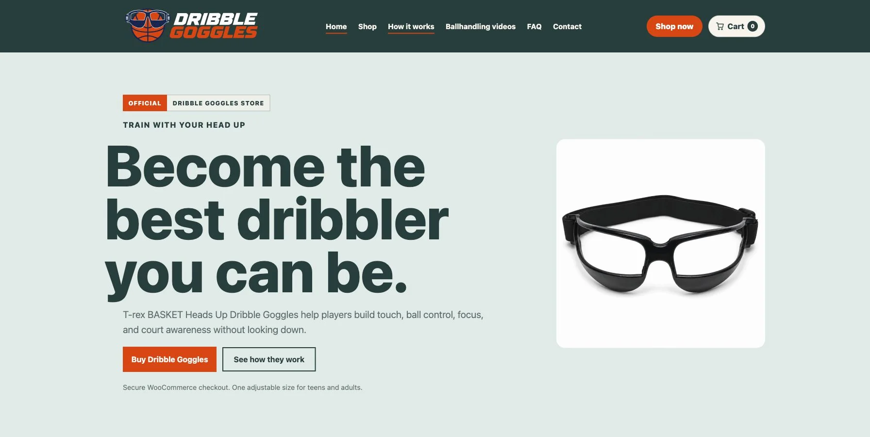 Homepage van Dribble Goggles met productbeeld, uitleg en een directe link naar de webshop