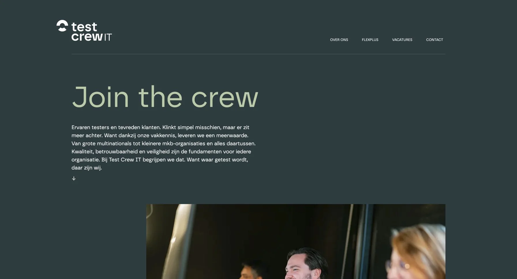Oorspronkelijke TestCrew IT-homepage met Join the crew en fotografie